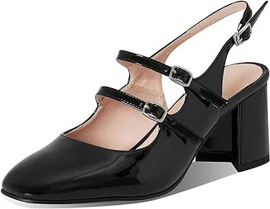 Tscoyuki Low Chunky Heels for Women Closed Round Toe Mary Jane Shoes Ankle Strap Work Dress Church Wedding Pumps