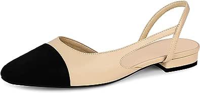 MICIFA Slingback Flats for Women, Round Toe Low Heel Sandals Fashion Splicing Dress Shoes for Women