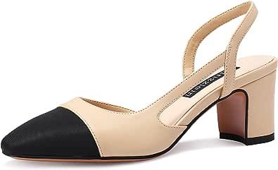 Adrizzlein Womens Slingback Heeled Pumps Closed Round Toe Block Heels Two Toned Casual Chunky Heels Office Shoes