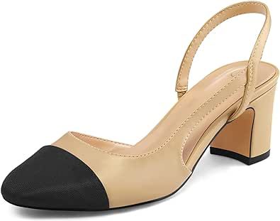 SEEKAVAN Women's Splicing Closed Round Toe Slingback Pumps 2.5 Inch Chunky Block Heels Casual Dress Shoes