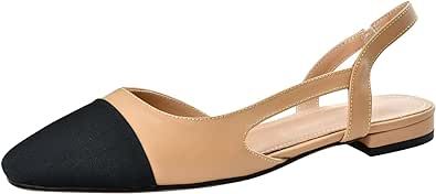 Debaishi Slingback Flat Pumps for Women,Chunky Heels Round Toe Two Toned Casual Slingback Sandals Fashion Dress Low Heel Sandals