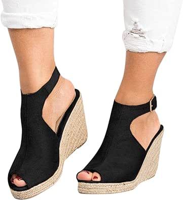 FABIURT Womens Wedge Sandals, Womens 2022 Summer Open Toe Breathable Beach Sandals Slip-On Straw Casual Wedges Shoes