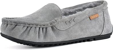 Parfeying Women's Sheepskin Moccasin Slippers Cow Suede Memory Foam Driving Style Loafers