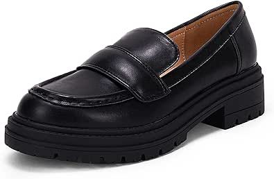 Womens Chunky Platform Loafers Round Toe Non Slip Lug Sole Faux Leather Casual Slip On Work Office Dress Shoes