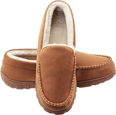 Lulex Moccasins for Men House Slippers Indoor Outdoor Plush Mens Bedroom Shoes with Hard Sole