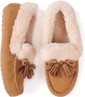 ULTRAIDEAS Moccasins Women Slippers with Faux Fur Lining, Micro-suede House Shoes with Memory Foam and Nonslip Rubber Sole for Indoor and Outdoor