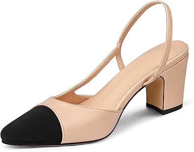 SHOEXY Slingbacks Heels for Women Two Tone Shoes Block Heels Casual Wedding Dress Shoes