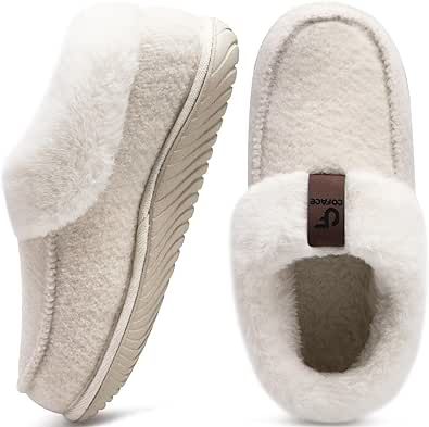 COFACE Women's Memory Foam House Slippers Arch Support Moccasin Winter Shoes Ladies Warm Fuzzy Faux Fur Collar With Indoor Outdoor Rubber Sole