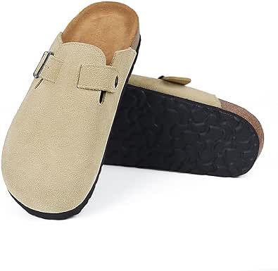 ADAMUMU Boston Clogs for Women Suede Clogs Adjustable Buckle Leather Slip on Cork Footbed Clogs Home Antislip Sole Slippers Mules Clogs Unisex