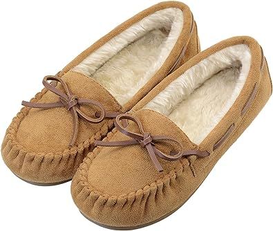Vonair Women's Moccasin Slippers Micro Suede Warm Faux Fur Pile Lined Lace-Up Cozy Bow Indoor & Outdoor Moccasins Slip On Loafers Shoes for Women